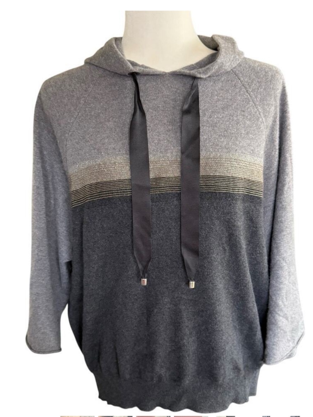 Brunello Cucinelli Grey Two-Tone Hooded Knit Shirt with Black Ribbon Drawstrings